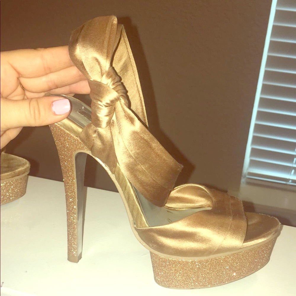 H by Halston satin wrap glitter platform pumps
